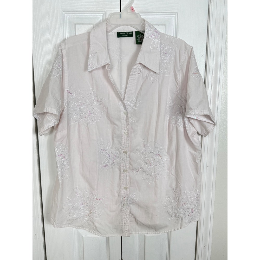 Lemon Grass Studio Floral Embroidered Sequin Top 2X Pink Cottagecore Blouse